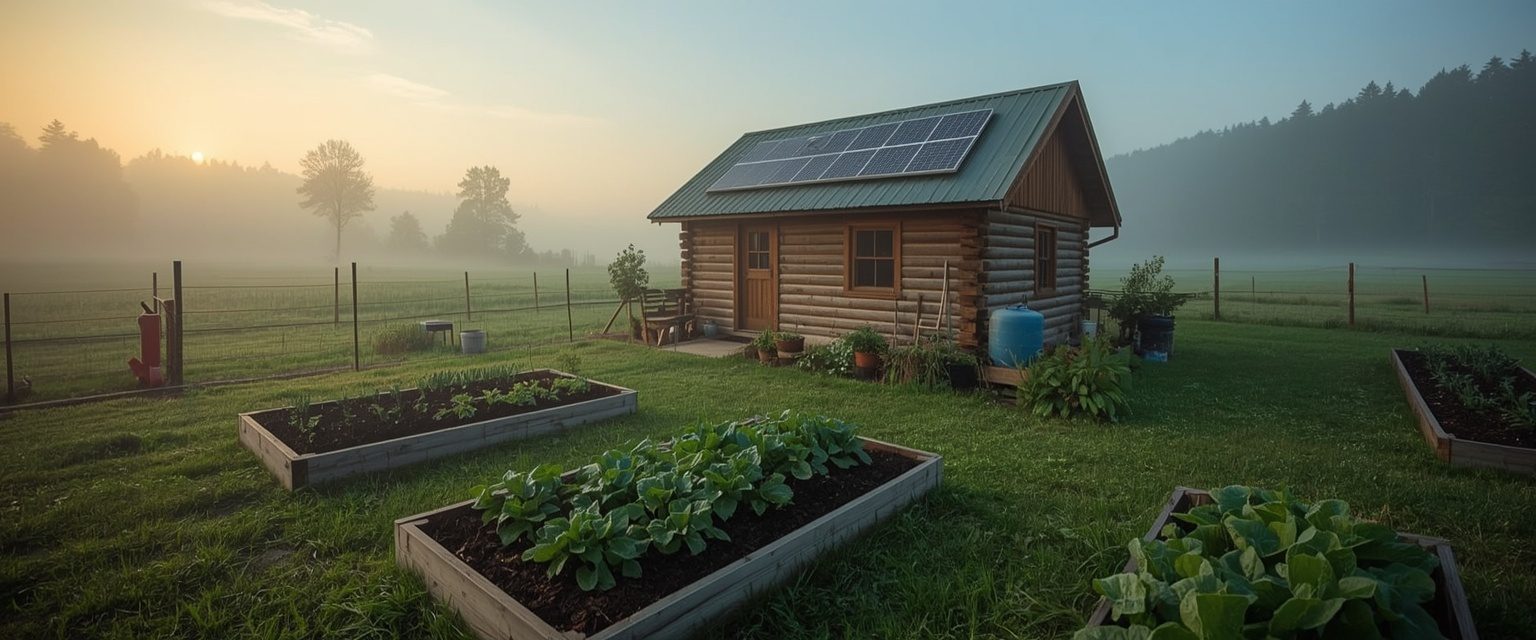 Off-grid homestead at dawn with solar power, rainwater storage, and vegetable gardens